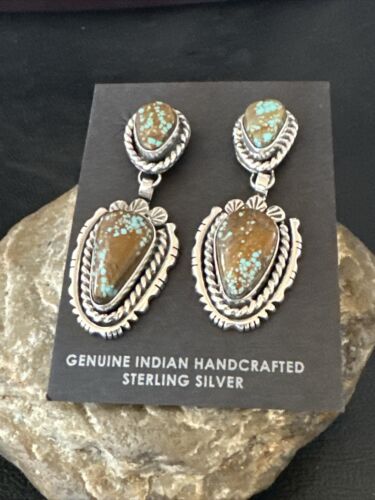 Navajo Blue Turquoise #8 Dangle Earrings | Sterling Silver | Authentic Native American Handmade | 17494