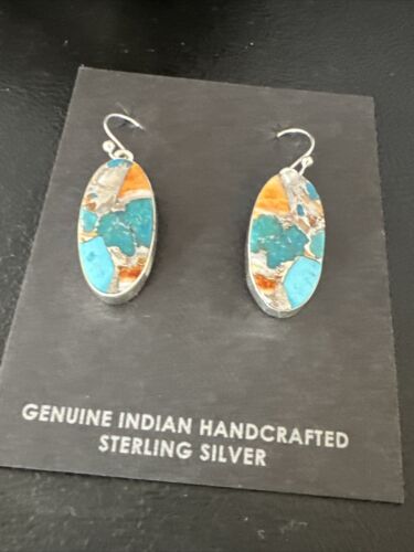Navajo Blue Turquoise & Orange Spiny Oyster Inlay Dangle Earrings | Sterling Silver | 15586