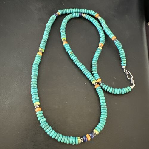 Navajo Blue Turquoise Spiny Oyster Necklace | Sterling Silver | 31" | Authentic Native American Handmade | 17487