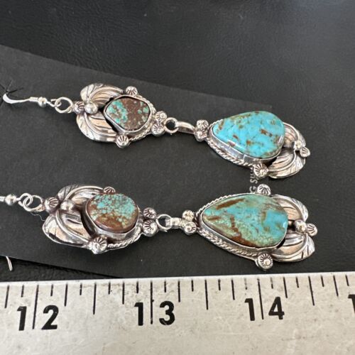 Navajo Blue Turquoise #8 Dangle Earrings | Sterling Silver | Authentic Native American Handmade | 16909
