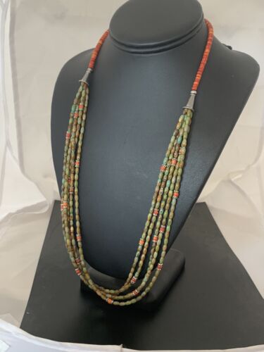 Navajo Sterling Silver Graduated Turquoise Spiny Bead Necklace | 3 Strand | Authentic Native American Handmade | 00577