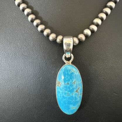Navajo Blue Kingman Turquoise Pendant with Pearls | Sterling Silver Necklace | 20" | 16993