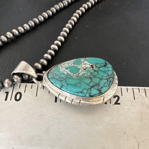 Men's Navajo Blue Spiderweb Turquoise Pendant Necklace | Sterling Silver | Authentic Native American Handmade | 16203