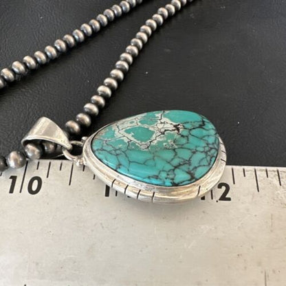 Men's Navajo Blue Spiderweb Turquoise Pendant Necklace | Sterling Silver | Authentic Native American Handmade | 16203