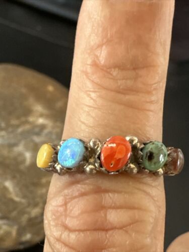 Zuni Multi-Stone Opal, Coral, Turquoise Ring | Authentic Native American Sterling Silver | Multi-Stone | Sz 6 | 16897