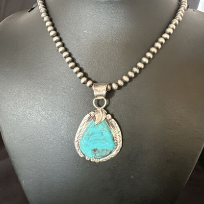 Men's Blue Kingman Turquoise Pendant Necklace | Navajo Pearls | Sterling Silver | 16021