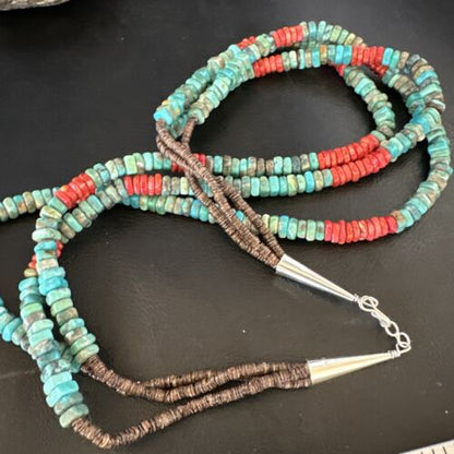 Women's Turquoise Spiny Oyster 3-Strand Necklace | Navajo Pearl Sterling Silver | 15157