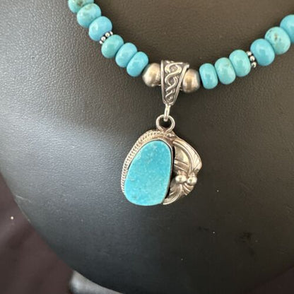 Navajo Blue Turquoise Pendant with Pearls | Sterling Silver Necklace | Authentic Native American Handmade | 15418