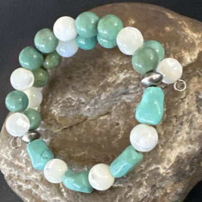 Turquoise Memory Wire Bracelet | Stainless Steel | Mother of Pearl Beads | 7" | 17629