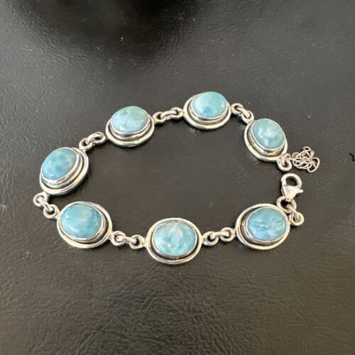 Navajo Blue Larimar Bracelet | Sterling Silver Link | 8" | Authentic Native American Handmade | 16076