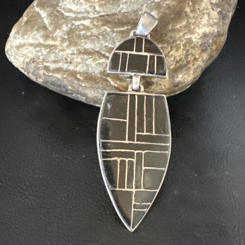 Navajo Sterling Silver Pendant with Black Onyx Inlay | Authentic Native American Handmade | 3" | 15174