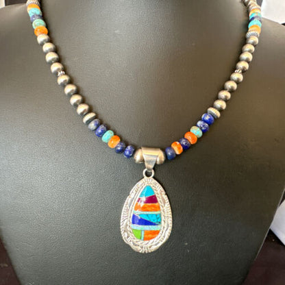 Navajo Spiny Oyster Turquoise Lapis Inlay Pendant Necklace | Sterling Silver | 21" | Authentic Native American Handmade | 16629