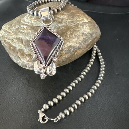 Navajo Pearls Purple Sugilite Pendant Necklace | Sterling Silver Beads | Authentic Native American Handmade | 15377