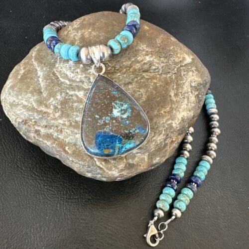 Navajo Blue Turquoise Jasper Pendant with Lapis | Sterling Silver Necklace | Native American Handmade | 16928