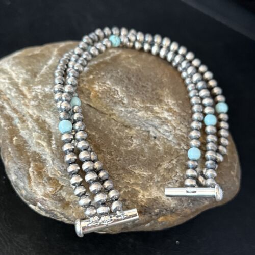 Navajo Pearls Sterling Silver Blue Turquoise 3-Strand Bracelet | 8.5" | Authentic Native American Handmade | 13576
