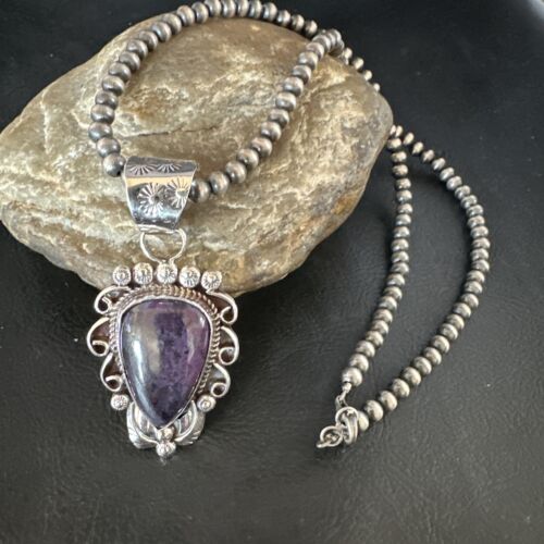 Navajo Pearls Purple Sugilite Pendant Necklace | Sterling Silver Beads | Authentic Native American Handmade | 15375