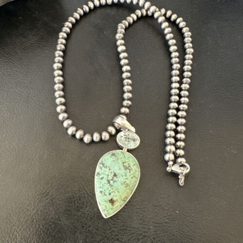 Navajo Dry Creek Turquoise Topaz Pendant Necklace | Sterling Silver | Authentic Native American Handmade | 16445
