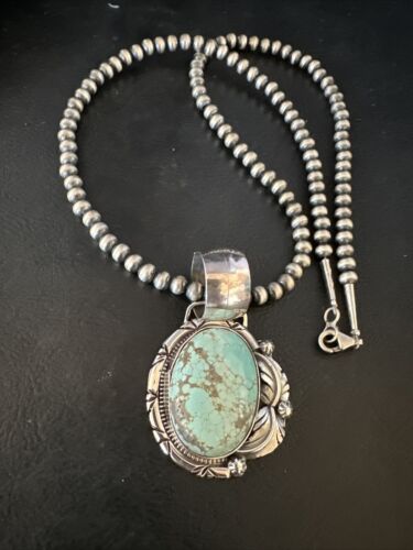 Navajo Blue Golden Hills Turquoise Pendant Necklace | Sterling Silver Pearls | Authentic Native American Handmade | 14997