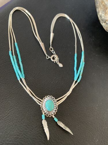 Girls Turquoise Liquid Heishi Necklace | 3-Strand Sterling Silver with Feather Pendant | 02049