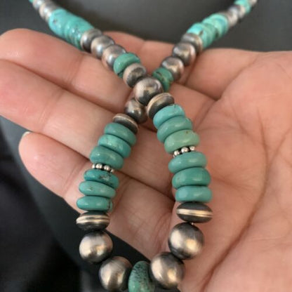 Navajo Pearls Blue Turquoise Necklace | Sterling Silver | Men's Women's | Authentic Native American Handmade | 20" | 13416