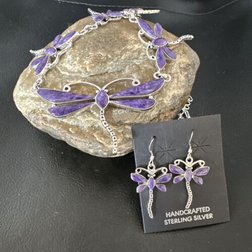 Navajo Dragonfly Purple Sugilite Necklace and Earrings Set | Sterling Silver | Native American Handmade | 16257