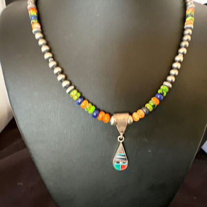 Navajo Spiny Oyster Turquoise Lapis Inlay Pendant Necklace | Sterling Silver | 21" | Authentic Native American Handmade | 16631