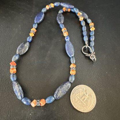 Men's Lapis Lazuli & Spiny Oyster Necklace | Navajo Sterling Silver | 18" | Authentic Native American | 15266