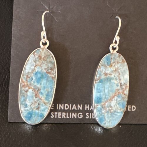 Navajo Blue Turquoise Dangle Earrings | Sterling Silver | Authentic Native American Handmade | 15429