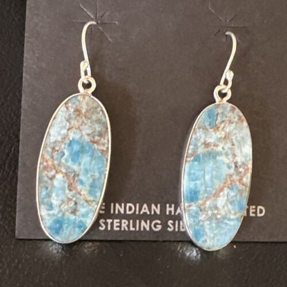 Navajo Blue Turquoise Dangle Earrings | Sterling Silver | Authentic Native American Handmade | 15429