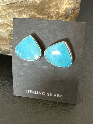 Navajo Blue Kingman Turquoise Post Stud Earrings | Sterling Silver | Authentic Native American Handmade | 17470