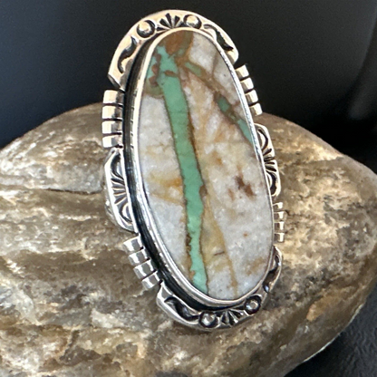 Navajo Ribbon Boulder Green Turquoise Ring | Sterling Silver | Sz 9 | Authentic Native American Handmade | 16252