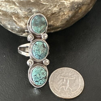 Navajo Blue Spiderweb Turquoise 3-Stone Ring | Authentic Native American Sterling Silver | Multi-Stone | Sz 9 | 16706