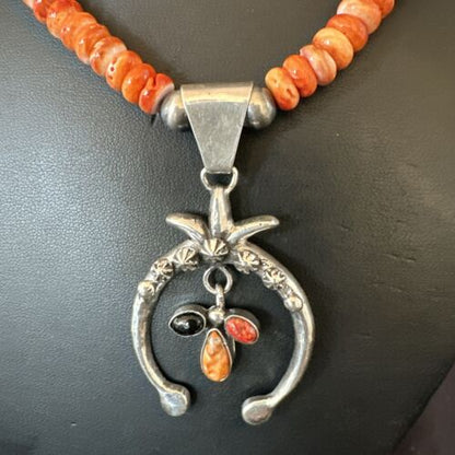 Navajo Red Spiny Oyster Naja Pendant Necklace | Sterling Silver | 23" | Authentic Native American Handmade | 17660