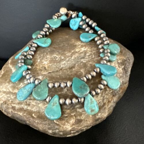 Navajo Pearls Sterling Silver Blue Turquoise Teardrop Bracelet | 2-Strand | 8" | 15246