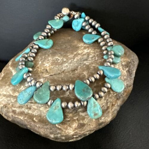 Navajo Pearls Sterling Silver Blue Turquoise Teardrop Bracelet 2S 8