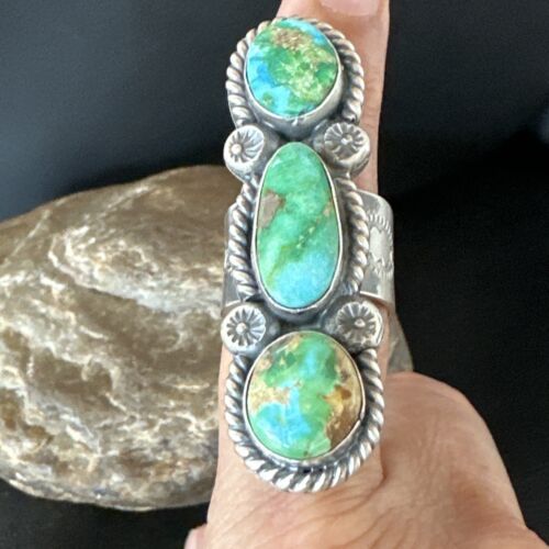 Navajo Green Sonoran Gold Turquoise Multi-Stone Ring | Authentic Native American Sterling Silver | Sz 8 | 16289