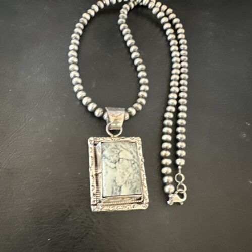 White Buffalo Turquoise Pendant | Navajo Pearls Sterling Silver Necklace | Authentic Native American Handmade | 17103
