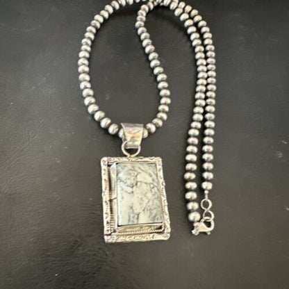 White Buffalo Turquoise Pendant | Navajo Pearls Sterling Silver Necklace | Authentic Native American Handmade | 17103