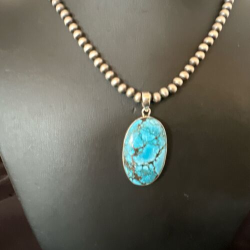Navajo Blue Spiderweb Turquoise Pendant Necklace | Sterling Silver | Authentic Native American Handmade | 17014