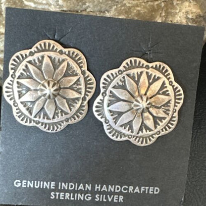 Navajo Sterling Silver Stamped Round Earrings | Authentic Native American Handmade | 15937