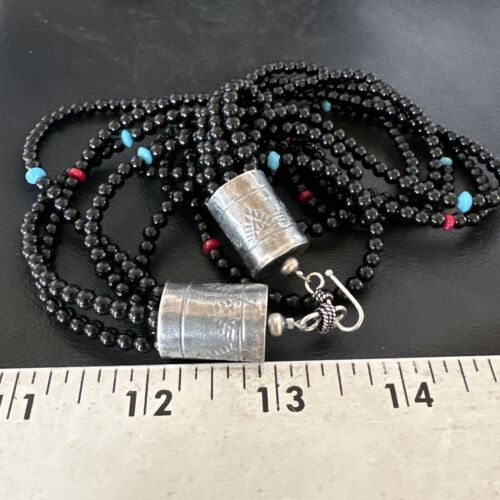Navajo Black Onyx Turquoise Bead Necklace | Sterling Silver | 18" | Authentic Native American Handmade | 16821