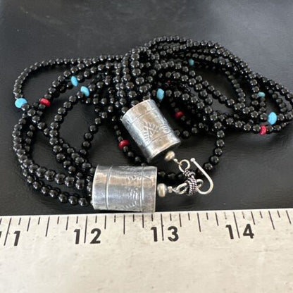 Navajo Black Onyx Turquoise Bead Necklace | Sterling Silver | 18" | Authentic Native American Handmade | 16821