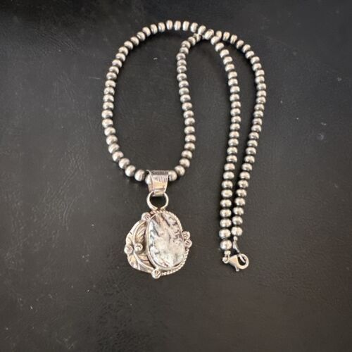 Men's White Buffalo Turquoise Pendant Necklace | Navajo Pearls | Sterling Silver | Native American Handmade | 17334