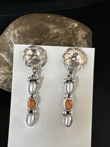 Navajo Orange Spiny Oyster Dangle Earrings | Sterling Silver Pearls | Authentic Native American Handmade | 15328