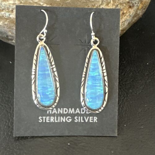 New Blue Opal Inlay Dangle Earrings | Sterling Silver | Authentic Native American Handmade | 16548