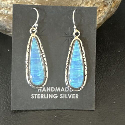 New Blue Opal Inlay Dangle Earrings | Sterling Silver | Authentic Native American Handmade | 16548