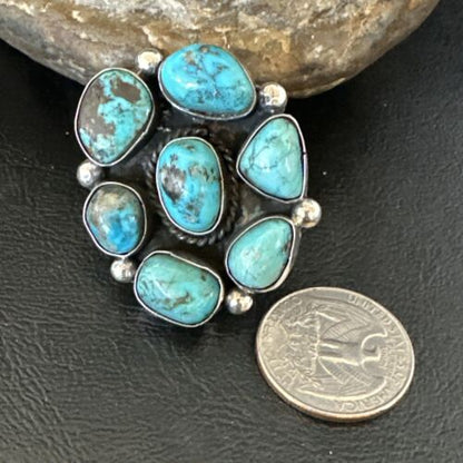 Navajo Blue Kingman Turquoise Cluster Ring | Authentic Native American Sterling Silver | Multi-Stone | Sz 10 | 17644