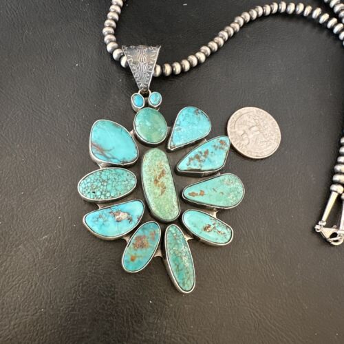 Navajo Blue Kingman Turquoise Cluster Pendant Necklace | Sterling Silver | Native American Handmade | 16797