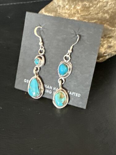 Kingman Turquoise Dangle Earrings | Navajo Handmade | Sterling Silver | Authentic Native American | 14867