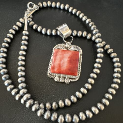 Navajo Red Spiny Oyster Pendant Necklace | Sterling Silver | Authentic Native American Handmade | 16147